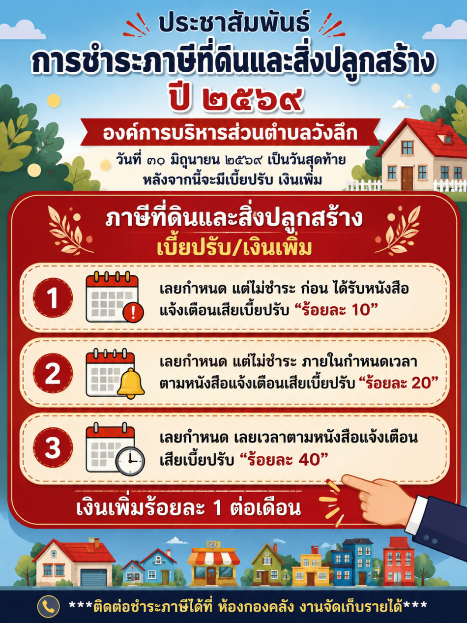 ???? ประชาสัมพันธ์จากองค์การบริหารส่วนตำบลวังลึก ⏰ วันที่ 30 มิถุนายน 2569 เป็นวันสุดท้าย ของการชำระ ภาษีที่ดินและสิ่งปลูกสร้าง ประจำปี 2569